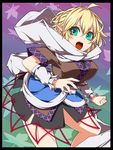  ahoge arm_warmers blonde_hair fuji_hyorone green_eyes mizuhashi_parsee open_mouth pointy_ears scarf short_hair skirt solo touhou 