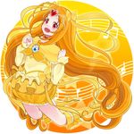  bad_id bad_pixiv_id beamed_eighth_notes boots bow brooch brown_hair choker cure_muse_(yellow) eighth_note eyelashes heart jewelry knee_boots long_hair magical_girl musical_note orange_choker pink_eyes precure quarter_note sasamaru_chimaki shirabe_ako solo suite_precure yellow_bow 
