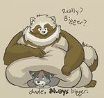  anthro big_belly canine cat catox dialog dialogue duo english_text feline fox hybrid mammal morbidly_obese obese overweight pinned sitting squash squish tanuki tanukisan text 