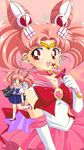 90s back_bow bishoujo_senshi_sailor_moon blush bow chibi_usa choker circlet double_bun earrings elbow_gloves gloves gradient gradient_background hair_bun hair_ornament halftone halftone_background heart highres holding holding_wand jewelry leg_lift looking_at_viewer luna-p mikiky miniskirt multiple_views official_style pink pink_background pink_choker pink_hair pink_moon_stick pink_sailor_collar red_eyes sailor_chibi_moon sailor_collar sailor_senshi_uniform school_uniform serafuku skirt smile standing standing_on_one_leg star twintails wand white_gloves 