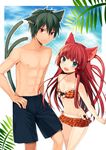  1girl :d abs absurdres animal_ears bare_shoulders bikini bikini_skirt black_hair blue_eyes blush breasts cat_ears cat_tail cleavage fang flower forked_tail hair_flower hair_ornament hand_on_hip hibiscus highres ichijou_kokona long_hair looking_at_viewer male_swimwear midorikawa_you multiple_tails navel nekomata open_mouth original pink_hair plaid plaid_bikini quarterly_pixiv_9_original red_eyes red_hair short_hair small_breasts smile swim_trunks swimsuit swimwear tail topless 