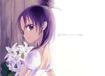  aoren bad_id bad_pixiv_id bride dress earrings english eyelashes flower futari_wa_precure_splash_star hair_bun half_updo jewelry light_smile lily_(flower) looking_back mishou_mai precure profile purple_eyes purple_hair short_hair smile solo wedding_dress white_background white_dress 