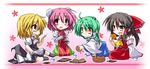  blonde_hair bow brown_eyes brown_hair detached_sleeves double_bun flower food green_hair hair_bow hair_tubes hakurei_reimu hat hat_bow hat_removed headwear_removed hemogurobin_a1c ibaraki_kasen kirisame_marisa kochiya_sanae multiple_girls open_mouth pink_eyes pink_hair sitting smile touhou yellow_eyes 