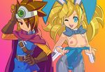  1girl androgynous animal_ears belt bingo_tarte blonde_hair blue_eyes breasts brown_eyes bunny_ears bunnysuit cape circlet cuffs dragon_quest dragon_quest_iii earrings eyeshadow fake_animal_ears flashing gloves hair_over_one_eye hand_on_hip jester_(dq3) jewelry large_breasts makeup nipples one_eye_closed open_mouth pantyhose roto smile thigh_gap 