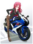  ground_vehicle motor_vehicle motorcycle pants pink_eyes pink_hair suzuki_(company) suzuki_gsx-r tomcat 