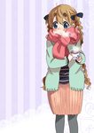  bad_id bad_pixiv_id blonde_hair blue_eyes braid coat cup k-on! kotobuki_tsumugi long_hair pantyhose scarf short_hair steam sunameri_oishii twin_braids 