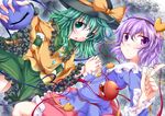  2girls commentary_request eyeball frills green_eyes green_hair hat headphones heart heart_of_string holding_hands interlocked_fingers komeiji_koishi komeiji_satori maineko_ruru multiple_girls purple_eyes purple_hair short_hair siblings sisters skirt tears third_eye touhou wide_sleeves 