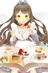  anmi bell book brown_hair cake card cookie dress eating food fork frills glowing glowing_eyes green_eyes hair_ribbon holding jewelry long_hair lowres necklace open_book pastry plate ribbon sitting smile solo sword_girls tea tongue very_long_hair wavy_hair wrist_cuffs 