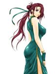  alternate_costume alternate_hairstyle blue_eyes breasts chinese_clothes fingerless_gloves gloves hair_ornament highres hong_meiling large_breasts ledjoker07 long_hair ponytail red_hair side_slit solo touhou 