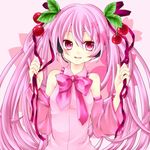  bare_shoulders bow bowtie cherry detached_sleeves food fruit hair_ribbon hatsune_miku headset long_hair lowres pink_eyes pink_hair ribbon sakura_miku solo twintails very_long_hair vocaloid yoitsukishin 