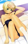  absurdres arm_up blonde_hair blush breasts cameltoe choker cleavage collarbone green_eyes highres knees_on_chest legs light_smile lying medium_breasts off_shoulder on_back original pool poolside school_swimsuit shading_eyes short_hair solo swimsuit swimsuit_pull tanaka_takayuki watch white_legwear wristwatch 