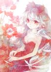  alternate_costume bonnou-s-rice bow breasts cleavage dress flower fujiwara_no_mokou hair_bow red_dress red_eyes small_breasts solo strapless strapless_dress touhou white_hair 