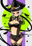  :o bad_id bad_pixiv_id bat black_legwear black_panties blush breasts brown_eyes choker cleavage food_themed_hair_ornament hair_ornament halloween hat jack-o'-lantern large_breasts midriff miniskirt navel original panties pumpkin pumpkin_hair_ornament see-through short_hair silk silver_hair skirt skirt_pull solo spider_web t-track thighhighs trick_or_treat underwear witch_hat 