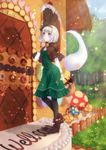  bad_id bad_pixiv_id basket black_legwear blue_eyes bottle capelet door dress food gingerbread_house hair_ribbon hairband house konpaku_youmu konpaku_youmu_(ghost) mushroom nunucco pantyhose ribbon short_hair silver_hair solo sweets touhou tree 