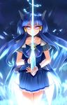  aoki_reika aura blue blue_hair blue_skirt crystal_sword cure_beauty eyelashes glowing glowing_eyes highres ice long_hair precure skirt smile_precure! solo standing sword weapon yuki_usagi_(mofurafu) 