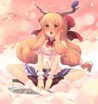  :d alcohol blonde_hair blush bottle bow breasts butterfly_sitting cherry_blossoms cleavage drooling drunk feet hair_bow horns ibuki_suika long_hair navel no_shoes open_mouth petals sake saliva shin_(new) sitting skirt small_breasts smile socks solo spread_toes touhou v_arms very_long_hair wrist_cuffs yellow_eyes 