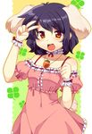 adapted_costume alternate_costume animal_ears bad_id bad_pixiv_id bare_shoulders blush brown_eyes bunny_ears bunny_tail carrot carrot_necklace choker clover four-leaf_clover inaba_tewi jewelry matatabi_maru necklace open_mouth orange_eyes pendant pink_skirt purple_hair ribbon_choker short_hair skirt smile solo tail touhou v wrist_cuffs 
