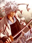  armor blood brown_eyes gintama headband injury joui male_focus messy_hair sakata_gintoki samurai sword waguma weapon white_hair 