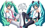  alternate_color aqua_eyes aqua_hair black_legwear blue_eyes blue_hair blush boots detached_sleeves dual_persona hatsune_miku imazon long_hair looking_at_viewer mirror_twins multiple_girls necktie skirt thigh_boots thighhighs twintails very_long_hair vocaloid white_legwear 