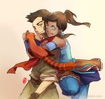  1girl armlet avatar_(series) bare_shoulders black_hair brown_eyes brown_hair dark_skin hair_tubes hug hug_from_behind kellylee korra long_hair mako_(avatar) one_eye_closed pabu ponytail red_panda the_legend_of_korra topknot vambraces 