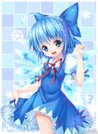  :d ahoge artist_name blue_eyes blue_hair cirno dress grandia_bing ice ice_wings open_mouth outline ribbon smile solo touhou watermark web_address wings 