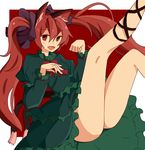  animal_ears bad_id bad_pixiv_id bow cat_ears cat_tail dress green_dress hair_bow kaenbyou_rin kuromari_(runia) legs_up long_hair multiple_tails no_panties open_mouth red_eyes red_hair ribbon smile solo tail touhou twintails 