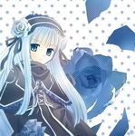  blue_eyes blue_flower blue_rose flower long_hair lowres polka_dot polka_dot_background rose solo 