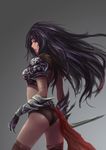  armor ass beiyu black_hair brown_eyes claws gloves gradient gradient_background grey_background highres lips long_hair looking_back midriff original simple_background solo standing weapon 