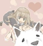  brown_eyes brown_hair dog dress heart long_hair monorino open_mouth original outline outstretched_arms solo 