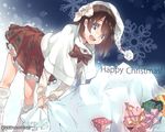  :d booota brown_hair capelet christmas gift hat holding looking_at_viewer open_mouth original plaid plaid_skirt sack silver_eyes skirt smile solo watermark web_address 