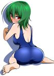  ahoge ass back bad_id bad_pixiv_id barefoot blue_swimsuit blush breasts feet from_behind full-face_blush green_hair kazami_yuuka large_breasts looking_at_viewer looking_back mattari_yufi one-piece_swimsuit red_eyes short_hair sitting solo swimsuit touhou wariza wide_hips 