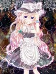  apron arm_up bad_id bad_pixiv_id blue_eyes bow braid checkered checkered_background error frills ginzuki_ringo gradient_hair grin hair_bow hand_on_headwear hand_up hat hat_ribbon highres kirisame_marisa light_particles long_hair looking_at_viewer multicolored_hair outline ribbon shirt short_sleeves single_braid skirt smile solo standing touhou vest witch_hat wrist_cuffs 