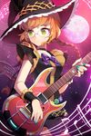  bow bowtie braid choker expressionless frills full_moon gilse glasses glowing green_eyes guitar hat holding instrument long_hair lowres moon mop_maid musical_note nail_polish orange_hair single_braid solo striped sword_girls witch_hat 