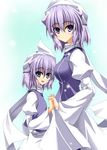  2girls aged_down aged_up blue_eyes blush commentary_request dual_persona hat height_difference highres holding_hands interlocked_fingers letty_whiterock light_purple_hair multiple_girls photoshop_(medium) rappa_(rappaya) scarf short_hair simple_background smile time_paradox touhou white_scarf wide_sleeves 