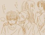  2girls creator_connection crossover edward_elric fullmetal_alchemist gin_no_saji glasses hachiken_yuugo mikage_aki monochrome multiple_boys multiple_girls syo translated winry_rockbell 