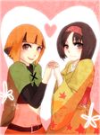  2girls belt black_hair brown_eyes erika_(pokemon) gym_leader hairband heart japanese_clothes kimono midriff multiple_girls natane_(pokemon) navel orange_eyes orange_hair pokemon yuri 