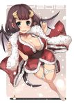  2012 bad_id bad_pixiv_id black_panties blush breasts brown_hair choker cleavage dragon_girl dragon_tail dragon_wings green_eyes horns large_breasts monster_girl new_year open_mouth original panties sandals santa_costume short_hair snow solo t-track tail thigh_gap underwear wings 