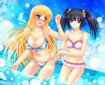  bad_id bad_pixiv_id bikini bikini_skirt black_hair blonde_hair blue_eyes blush breasts cleavage cloud covered_nipples day frilled_bikini frills front-tie_top hair_ornament large_breasts light_smile long_hair looking_back multiple_girls navel open_mouth original outdoors partially_submerged shiny shiny_skin side-tie_bikini sky swimsuit thigh_gap twintails untied wading water yaoto 