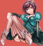  arm_support black_legwear blue_eyes brown_hair crown dress garter_straps gekijou_tragedy_(vocaloid) hairband high_heels lips long_hair looking_at_viewer mini_crown panties pantyshot pantyshot_(sitting) red_background shoes sitting solo striped striped_legwear tcb thighhighs underwear vertical-striped_legwear vertical_stripes vocaloid 