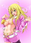  ahoge bad_id bad_pixiv_id belly_chain blonde_hair blush breasts green_eyes hoshii_miki idolmaster idolmaster_(classic) jewelry kimura_neito large_breasts long_hair navel open_clothes open_mouth pantyhose pink_background pink_diamond_765 shorts solo sweat wardrobe_malfunction 