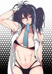  abs armpits bare_shoulders black_hair blue_eyes blue_hair blue_neckwear bra breasts brown_eyes gloves lingerie medium_breasts mouth_hold muscle navel necktie open_clothes open_shirt panties sate_hatena shirt smile solo tattoo twintails underwear utau yokune_ruko 