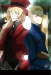  blonde_hair blue_eyes book coat company_connection cornelius_alba crossover fate/zero fate_(series) gloves hat highres hime_cut kara_no_kyoukai kayneth_el-melloi_archibald long_coat long_hair male_focus multiple_boys nogi_(acclima) one_eye_closed top_hat type-moon 