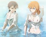  bad_id bad_pixiv_id bikini blue_eyes brown_eyes brown_hair charlotte_e_yeager gertrud_barkhorn kisetsu long_hair multiple_girls navel orange_hair see-through shirt sleeves_rolled_up smile strike_witches swimsuit tied_shirt wading water wet world_witches_series 