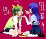  aoki_reika blue_hair blush closed_eyes feeding food green_eyes green_hair green_neckwear hair_tubes kasaki_takao kneeling long_hair midorikawa_nao multiple_girls nanairogaoka_middle_school_uniform necktie open_mouth ponytail precure school_uniform short_hair sitting skirt sleeves_rolled_up smile smile_precure! takoyaki translation_request 