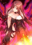  bangs black_choker black_dress breasts brown_hair character_request choker cleavage closed_mouth collarbone commentary_request consort_yu_(fate) dress eyebrows_visible_through_hair fate/grand_order fate_(series) fire fur-trimmed_jacket fur_trim gogatsu_fukuin hair_between_eyes highres holding holding_sword holding_weapon jacket long_hair long_sleeves looking_at_viewer medium_breasts navel open_clothes open_jacket red_eyes signature sleeves_past_fingers sleeves_past_wrists smile solo sword very_long_hair weapon 