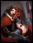  ass ass_grab black_hair black_legwear brown_hair claws dirge_of_cerberus_final_fantasy_vii final_fantasy final_fantasy_vii gun handgun hug kiss long_hair lowres navel red_hair rosso rosso_the_crimson thighhighs vincent_valentine weapon 