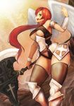  armor axe bad_id bad_pixiv_id bare_shoulders black_legwear breasts copyright_request curvy greaves green_eyes large_breasts long_hair open_mouth profile red_hair solo thick_thighs thighhighs thighs underboob weapon wings yaoya_musuko 