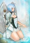  ahoge angel armor bad_id bad_pixiv_id blue_eyes blue_hair breasts cleavage gauntlets kneeling original partially_submerged polearm ripples short_hair small_breasts solo spear water weapon wings yaoya_musuko 