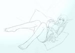  bad_id bad_pixiv_id bare_legs barefoot breasts emil_chronicle_online eyewear_in_mouth eyewear_removed feet glasses head_fins large_breasts lineart lintanghaseo long_hair looking_at_viewer monochrome mouth_hold rorona solo sweater 