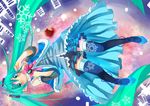  apple blush detached_sleeves food fruit green_eyes green_hair hair_ornament hairclip hatsune_miku highres long_hair sekira_ame shiroi_yuki_no_princess_wa_(vocaloid) skirt snowflakes solo thighhighs twintails very_long_hair vocaloid 